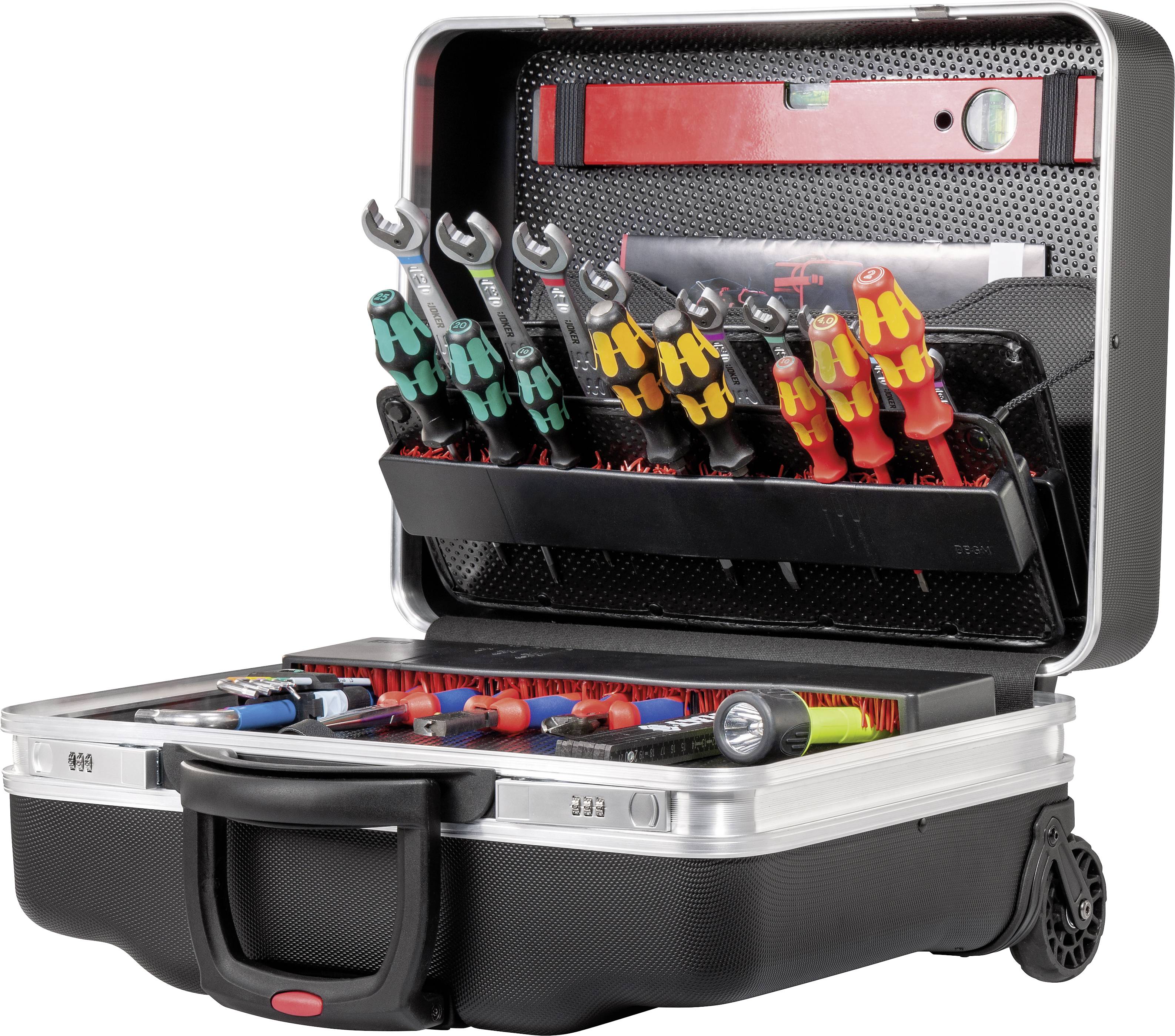 Ein offener Werkzeugkoffer mit sortierten Schraubendrehern, Schraubenschlüsseln und einem Wasserwaagenmesser, organisiert in Reihen.