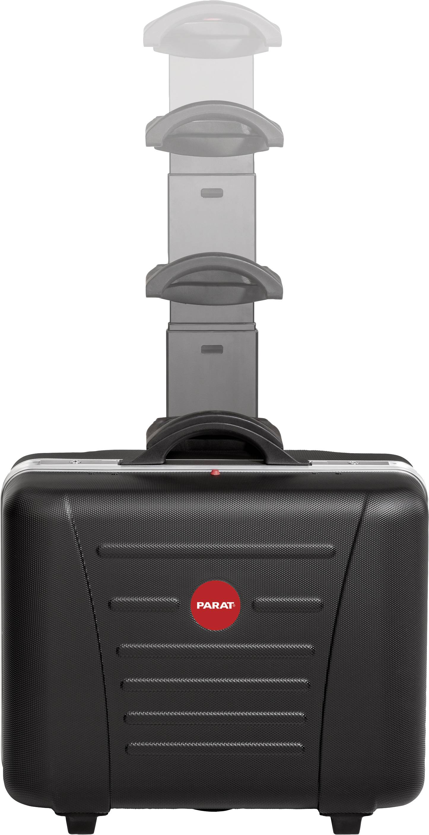 Schwarzer Rollkoffer von PARAT mit ausziehbarem Teleskopgriff in mehreren Stufen.