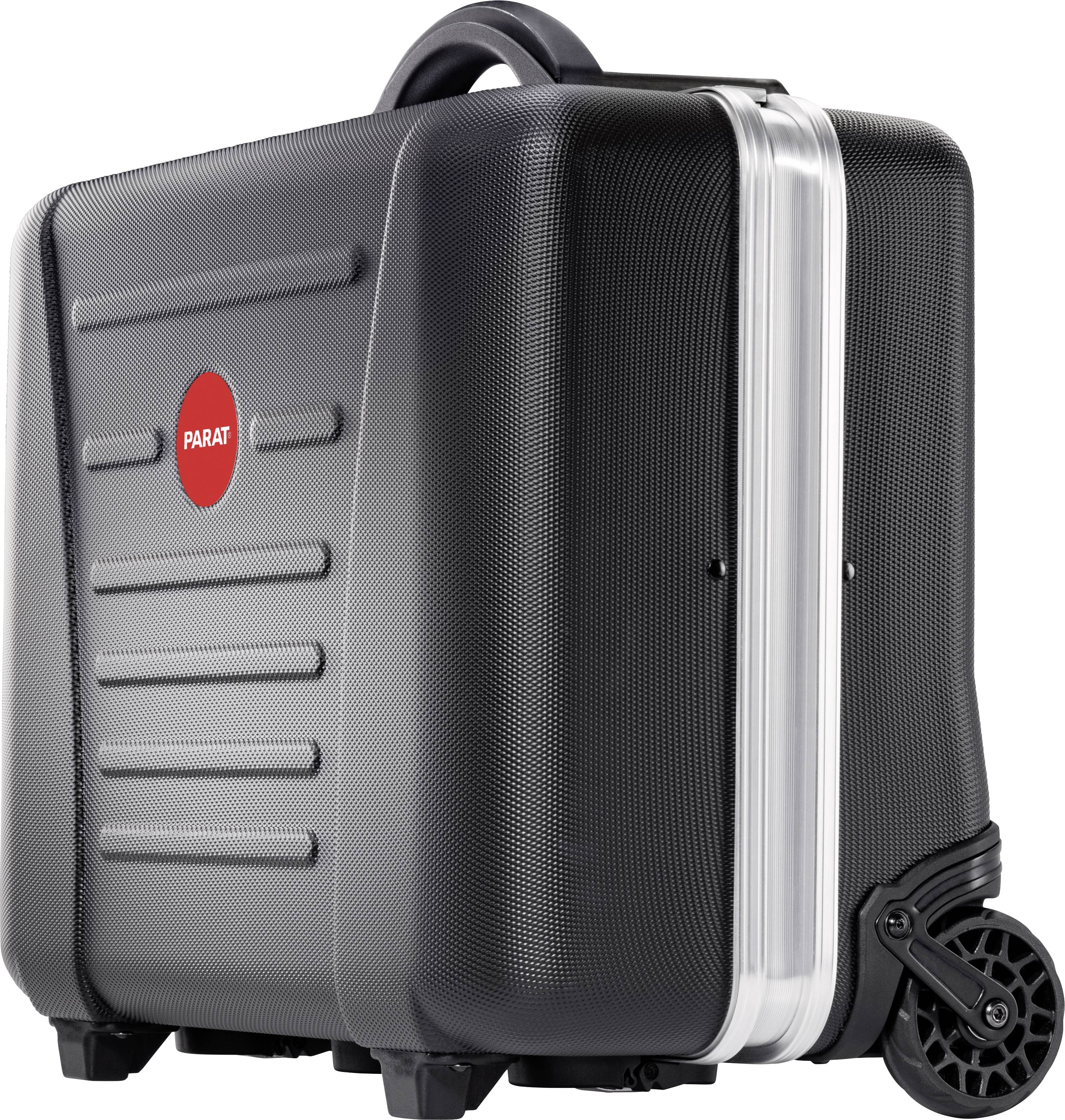 Schwarzer Rollkoffer mit rotem Logo 'Parat', vertikale Rillen und zwei Rollen für Mobilität. Geeignet für sicheren Transport von Gegenständen.