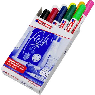 Sechs Edding Kreidemarker in verschiedenen Farben in einer geöffneten Verpackung, die für Glas und andere glatte Oberflächen geeignet ist.