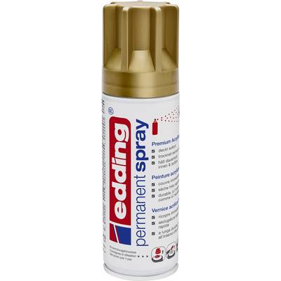 Sprühdose der Marke 'edding' mit goldenem Deckel. Beschriftung 'permanent spray'. Geeignet für verschiedene Materialien.