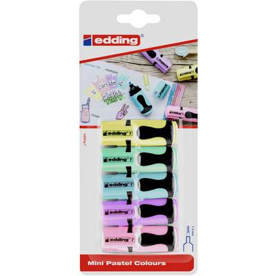 Sechs Mini-Marker in Pastellfarben auf Blisterverpackung, oben mit 'edding'-Logo. Hintergrund zeigt farbenfrohe Büroartikel.