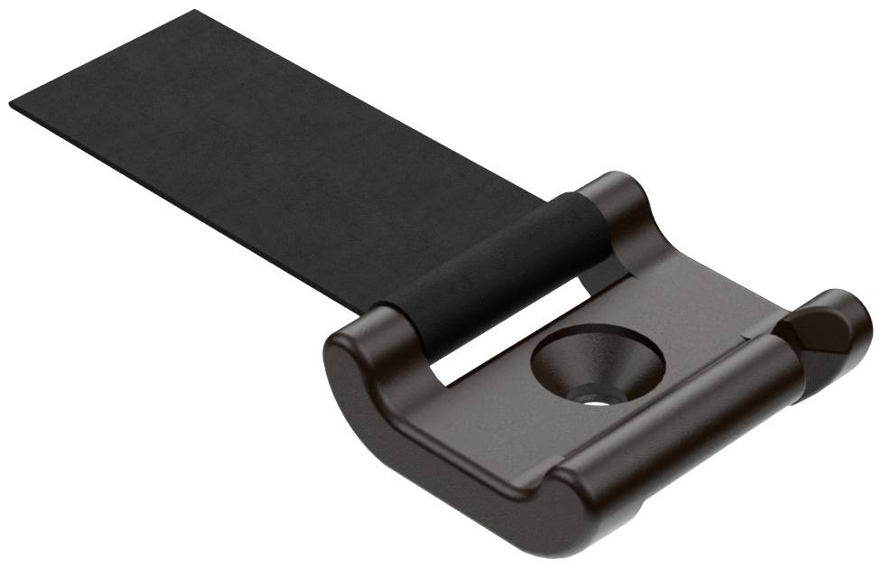 Metallischer Riegelverschluss mit schwarzem Befestigungsband, möglicherweise Teil eines Verschlusssystems für Sicherheitsanwendungen.