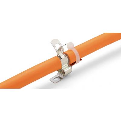Ein oranges Rohr ist mit einer Metallschelle und einem weißen Kabelbinder befestigt.