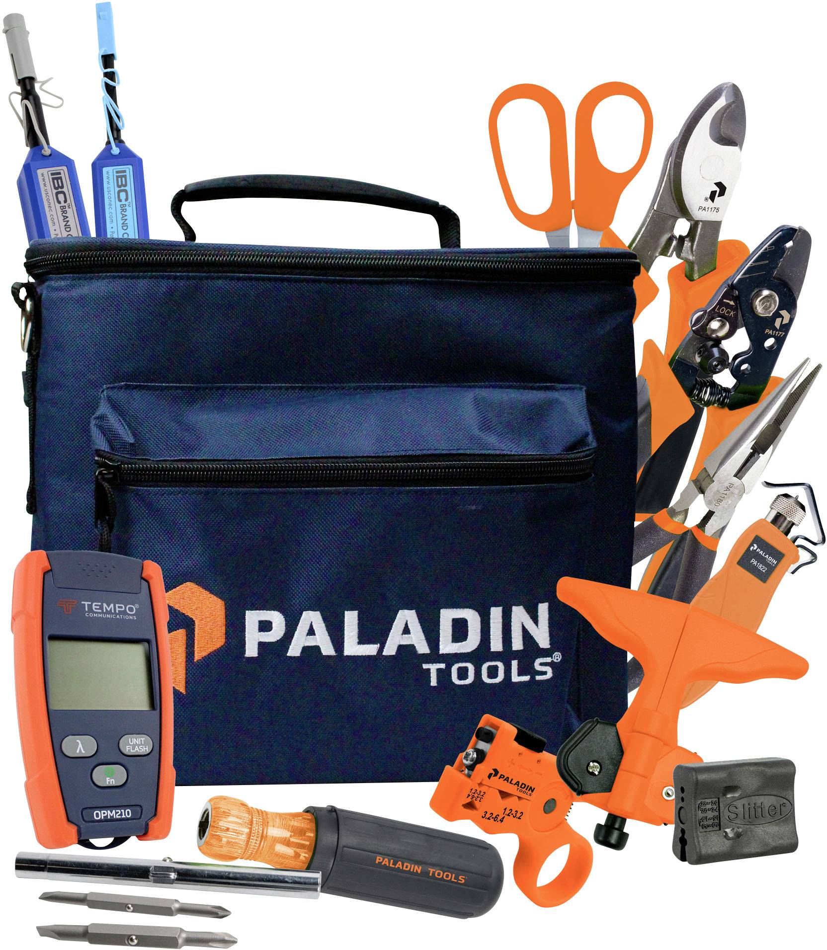 Werkzeugtasche von Paladin Tools, gefüllt mit verschiedenen Elektrowerkzeugen, einschließlich Zangen, Schraubendreher und Messgerät.