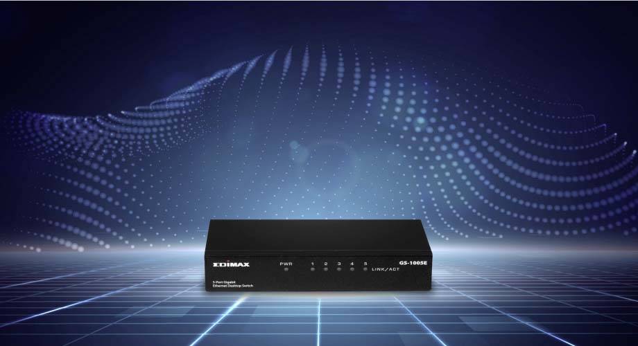 Ein Netzwerk-Switch der Marke Edimax vor einem futuristischen, blauen digitalen Hintergrund, der Konnektivität und Technologie symbolisiert.
