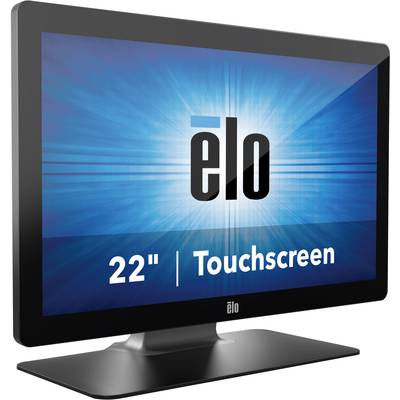 Elo 22-Zoll-Touchscreen-Monitor, schwarzer Rahmen, Display zeigt 'Elo'-Logo mit blauem Hintergrund.