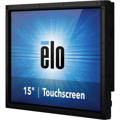 Ein 15-Zoll-Touchscreen in schwarzem Rahmen mit dem Logo 'elo' zentral auf blauem Hintergrund.