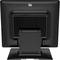 Rückansicht eines schwarzen Monitors auf einem Standfuß. Das Design ist schlicht, mit einem rechteckigen Fuß und einem stabilen Halterungsarm.