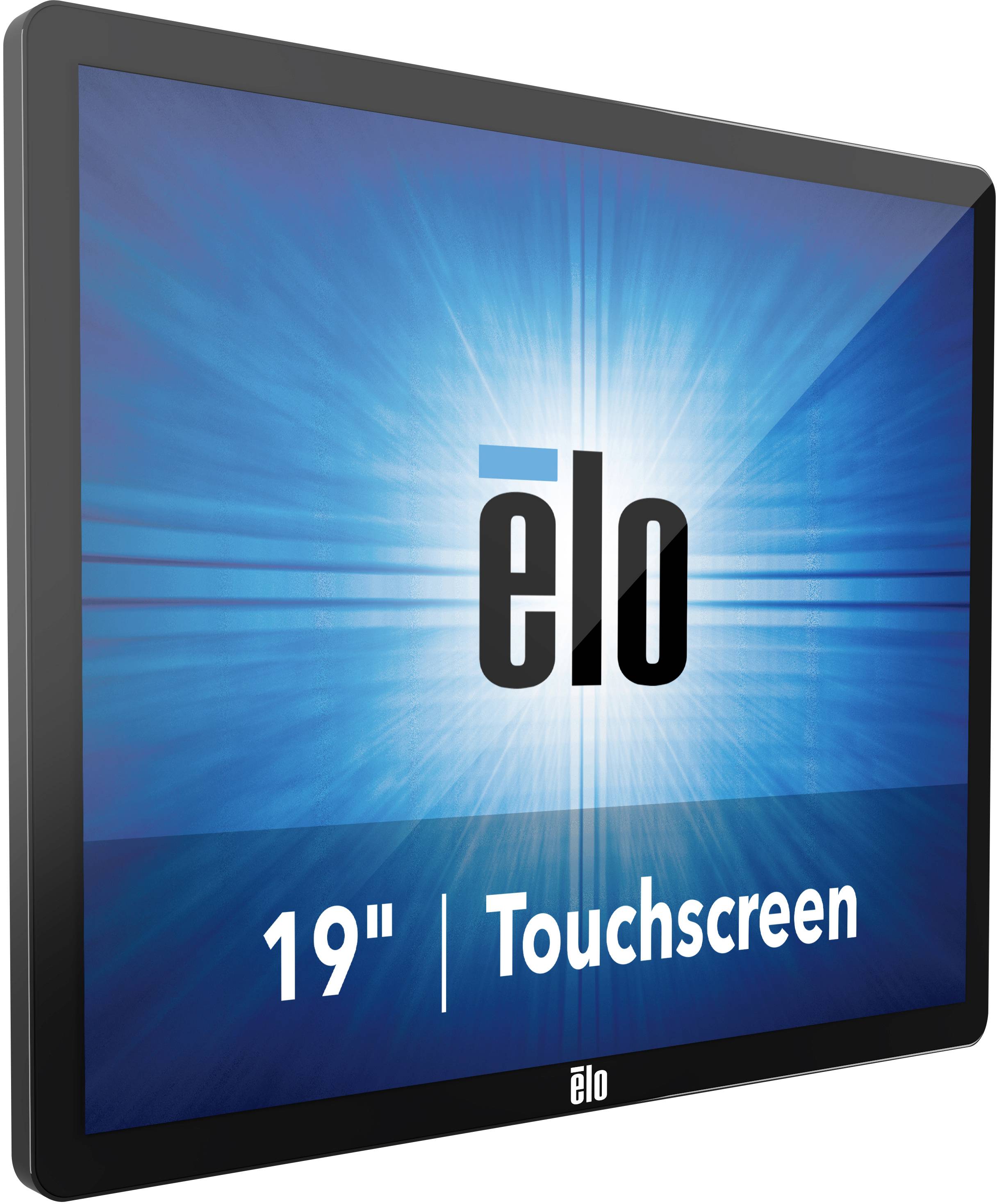 '19 Zoll Touchscreen-Monitor von Elo' mit leuchtend blauem Hintergrund.