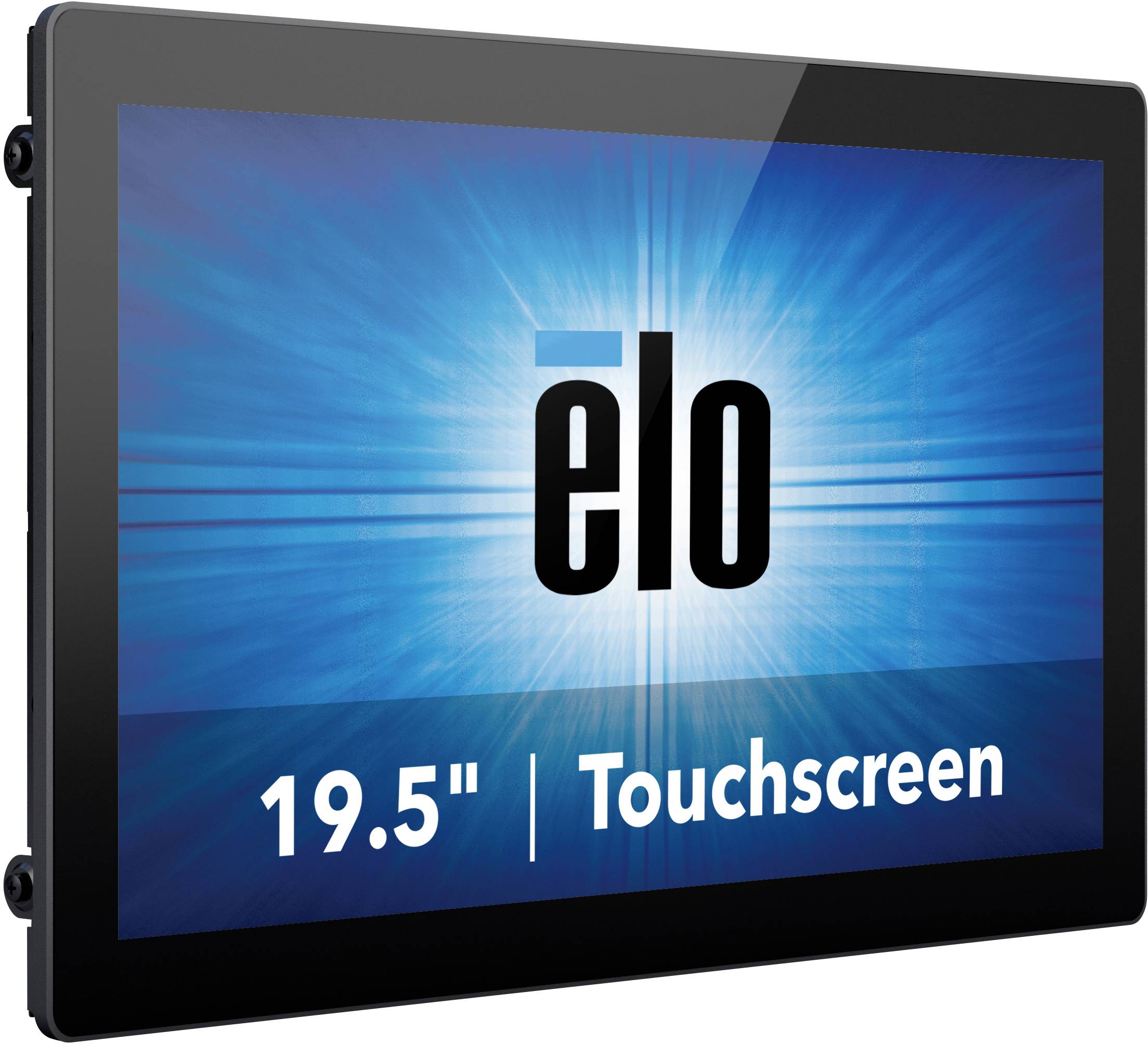 Ein 19,5-Zoll-Touchscreen von Elo mit leuchtendem Logo auf einem blauen Hintergrund.