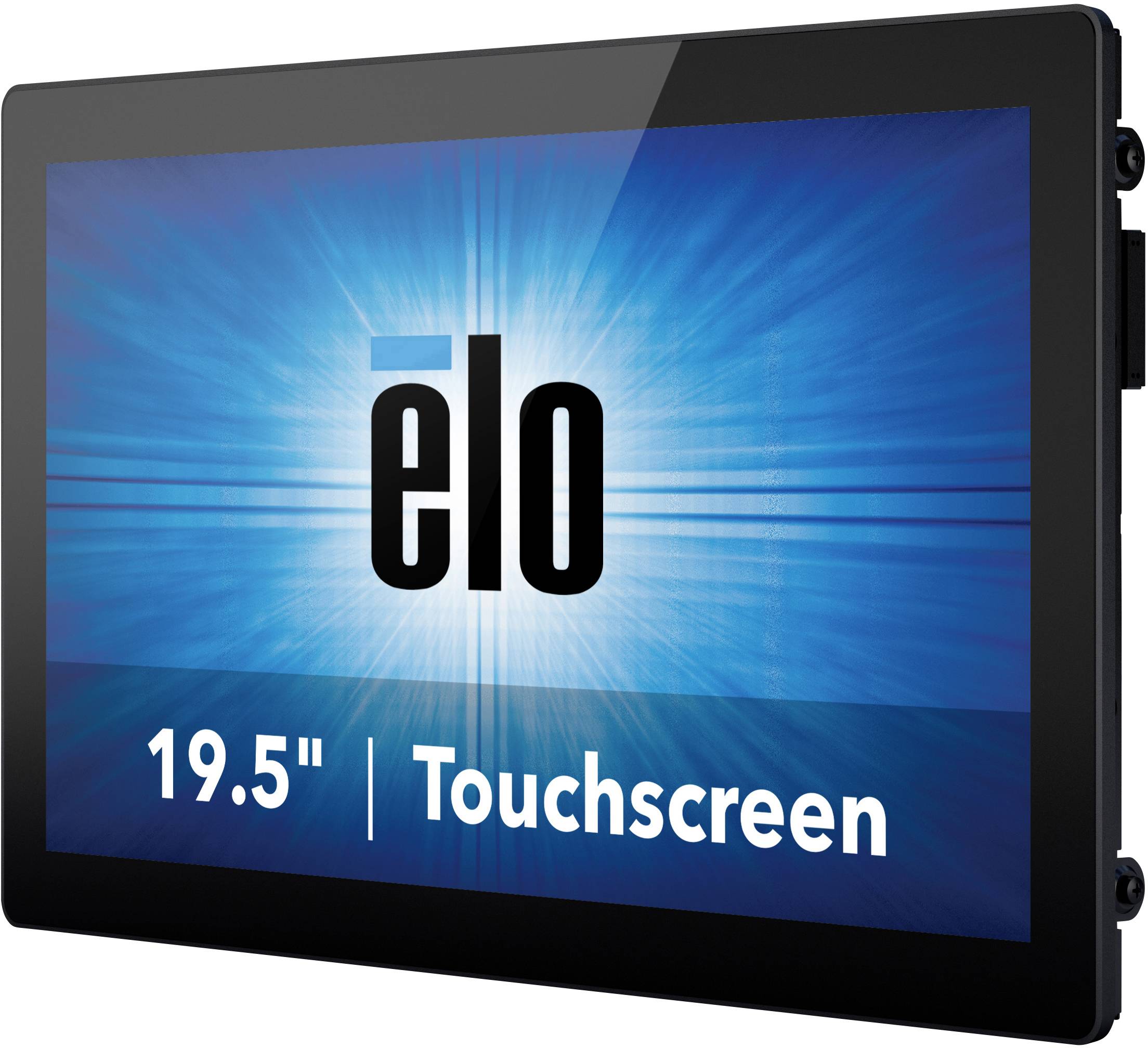 '19,5” Touchscreen von Elo, schwarzer Rahmen, blau leuchtender Hintergrund mit weißem Elo-Logo.'