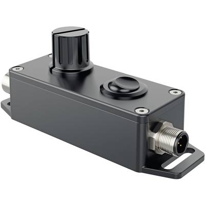 Schwarzes Bauteil mit Drehknopf und Steckverbinder, vermutlich ein elektronisches Gerät zur Regelung von Einstellungen oder Parametern.
