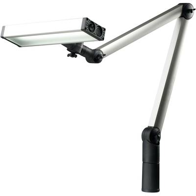 Langarm-Schreibtischleuchte mit rechteckigem Leuchtkopf und verstellbarem Arm zur flexiblen Ausleuchtung des Arbeitsbereichs.