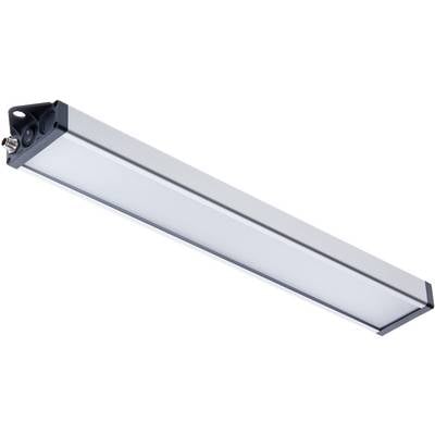 Eine langgestreckte, rechteckige LED-Leuchte mit metallischem Gehäuse und seitlichem Kabelanschluss, geeignet für industrielle Beleuchtung.