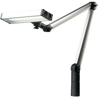 Schreibtischlampe mit rechteckigem Leuchtkopf und flexiblem Arm, modern in Schwarz und Silber. Ideal für zielgerichtete Beleuchtung am Arbeitsplatz.