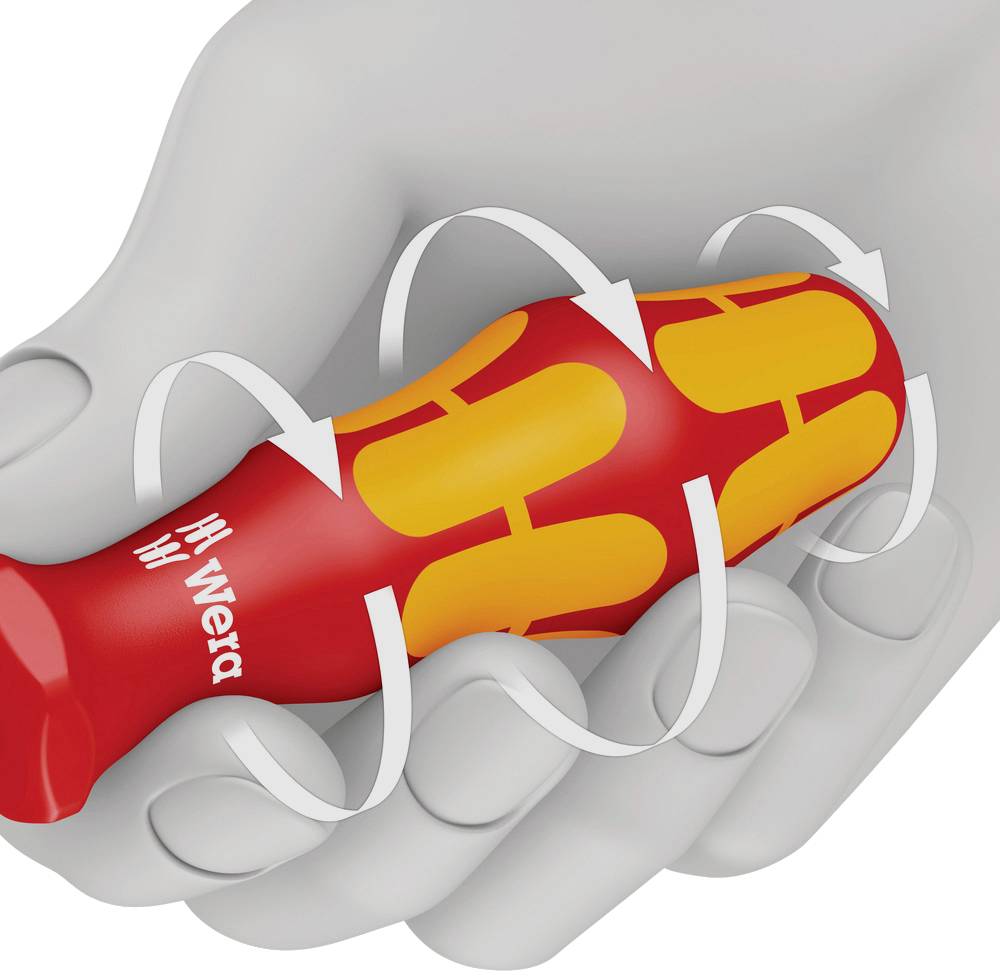 Eine Hand hält einen Schraubendreher mit ergonomischem Griff. Weiße Pfeile zeigen, wie der Griff gedreht wird.