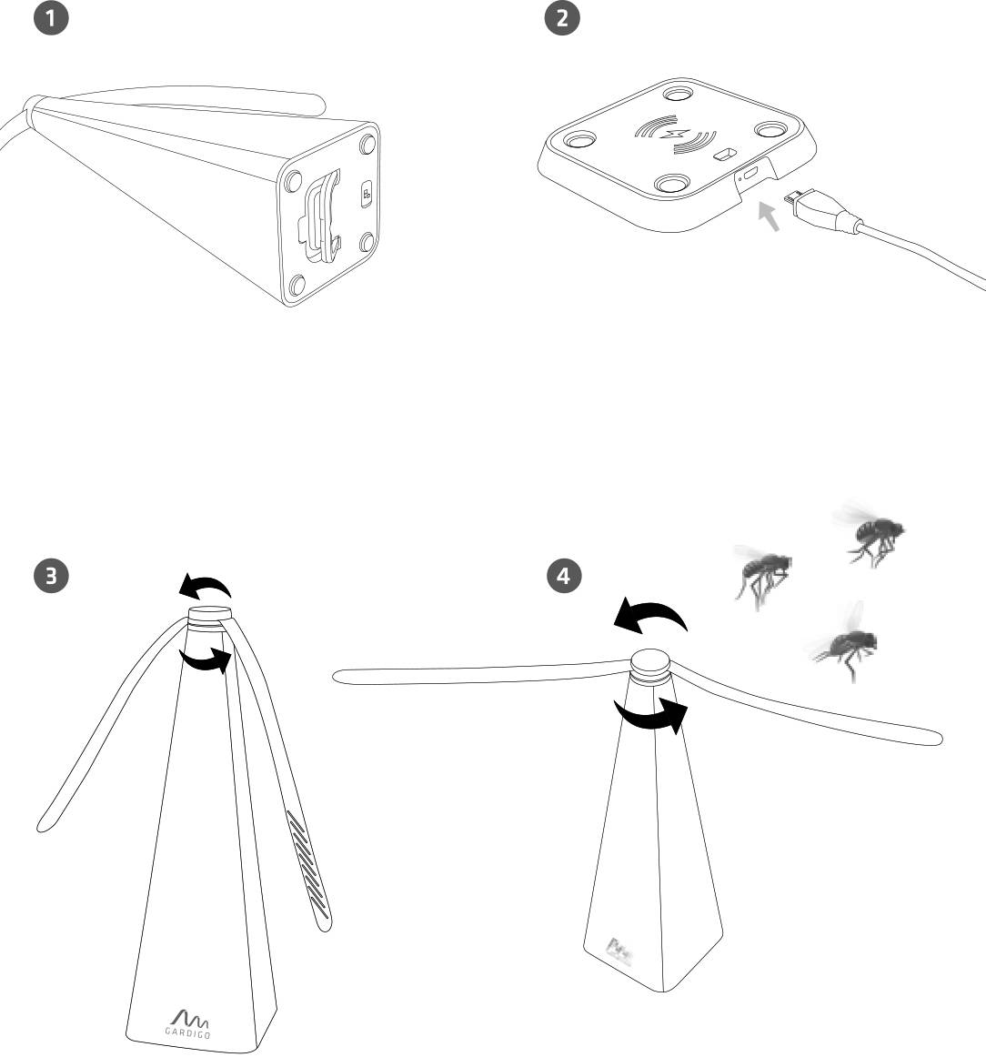 '1: Unterseite des Geräts mit Batteriefach; 2: Gerät an Stromquelle anschließen; 3: Flügel anbringen; 4: Funktioniert fliegenabweisend.'