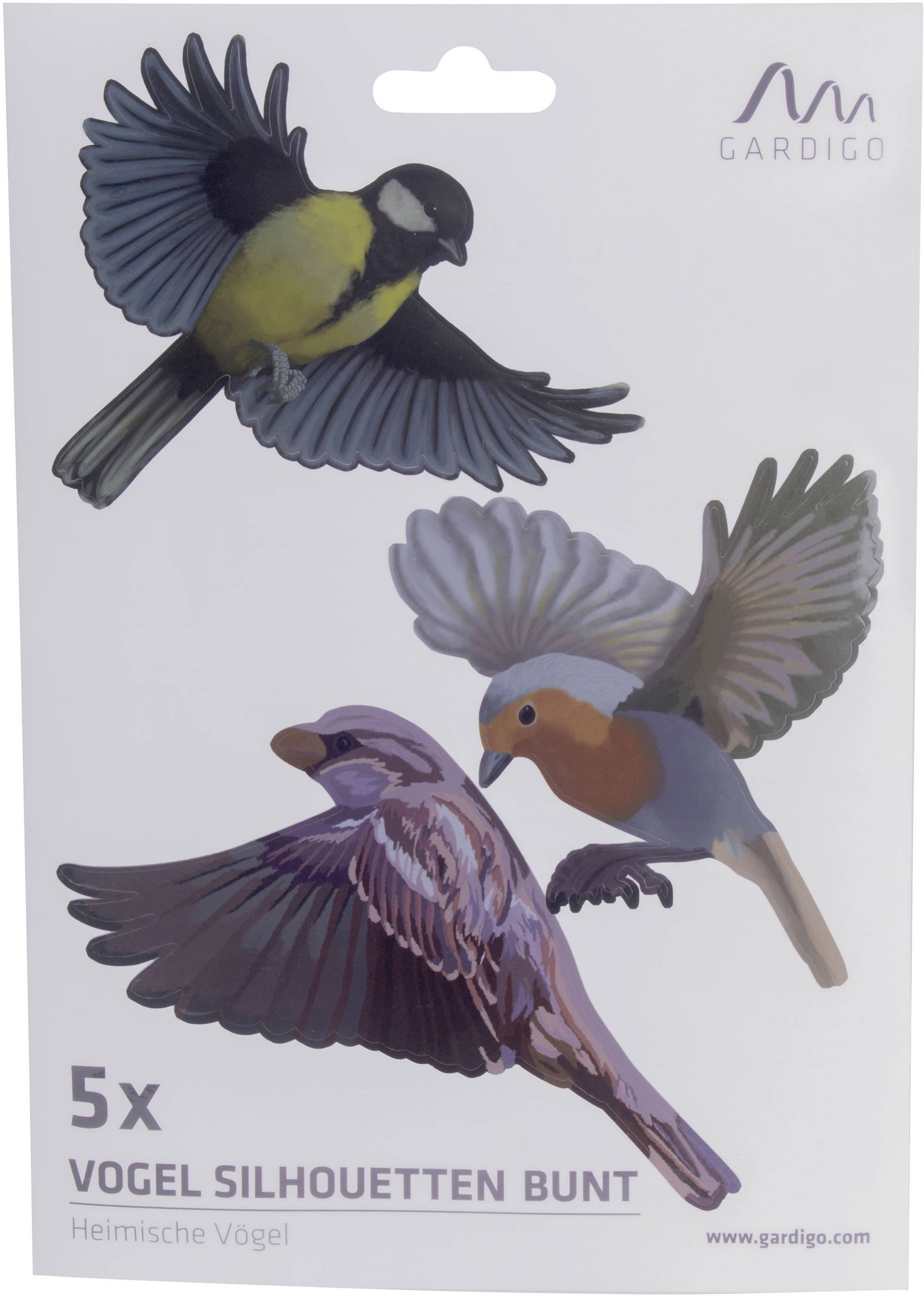 Drei bunte Vogelsilhouetten fliegen, darunter steht '5x Vogel Silhouetten Bunt'. Oben rechts ist das Gardigo-Logo.