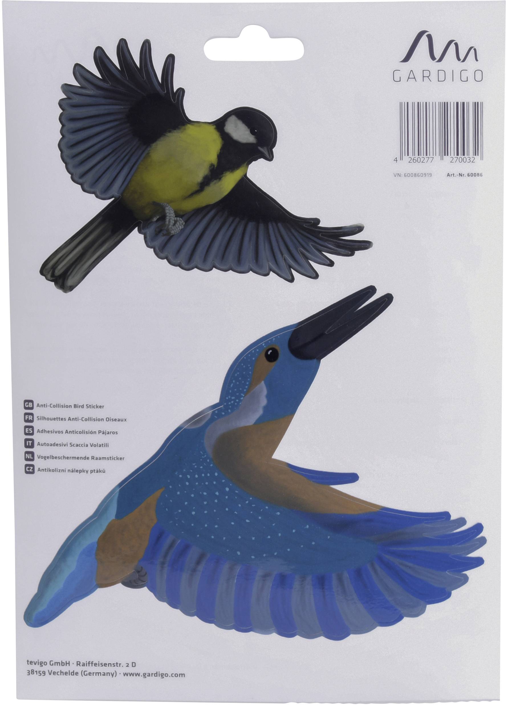 Ein Aufkleber-Set zeigt eine fliegende Kohlmeise und einen Eisvogel. Beide Vögel sind farbenfroh dargestellt und heben sich vom Hintergrund ab.