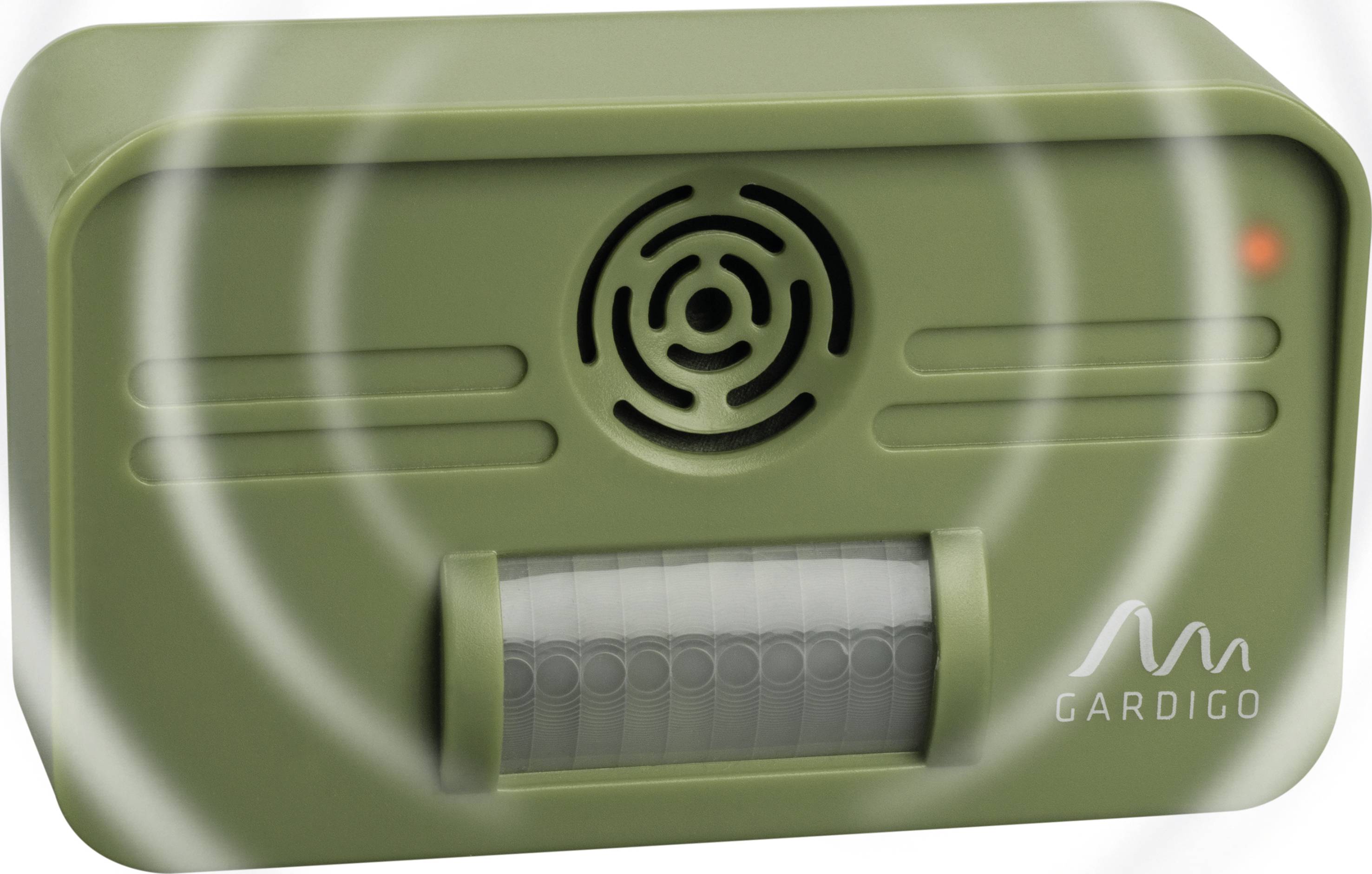Grünes Ultraschall-Gerät von Gardigo zur Abwehr von Tieren, mit Lautsprecher und Bewegungssensor, strahlt schallartige Wellen aus.