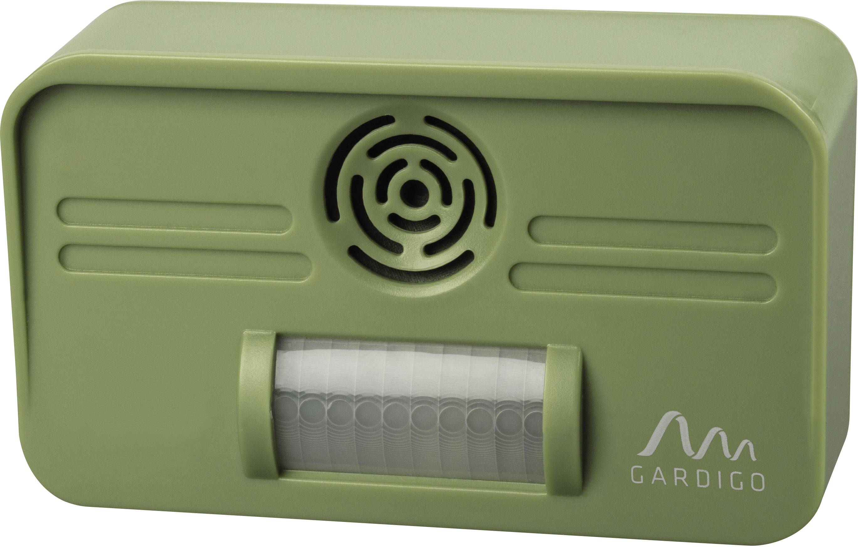 Grünes elektronisches Gerät mit Lautsprecher und Sensor von 'GARDIGO', möglicherweise zur Schädlingsabwehr oder Tiervertreibung geeignet.