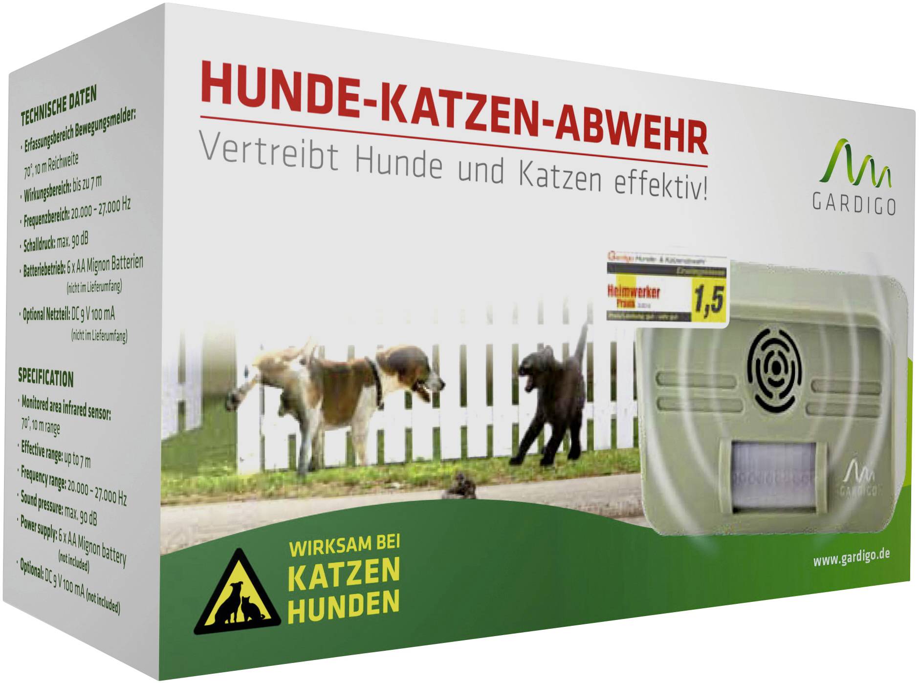 Verpackung eines Hunde-Katzen-Abwehrgeräts von Gardigo. Bild von Katze und Hund hinter einem Gartenzaun. Text: 'Verteibt Hunde und Katzen effektiv!'