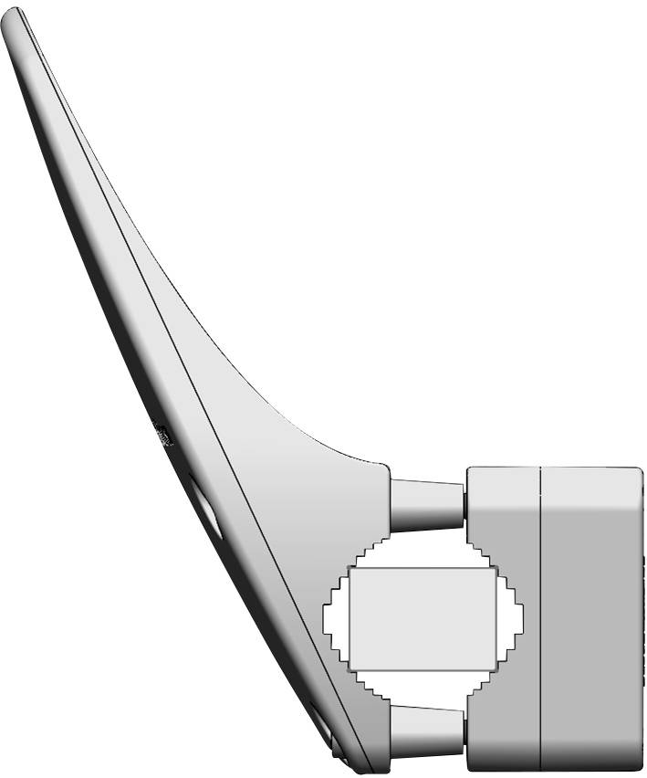 Seitenansicht einer mechanischen Vorrichtung, zeigt einen langen, gebogenen Hebel mit einem rechteckigen Sockel und runden Zahnrädern.