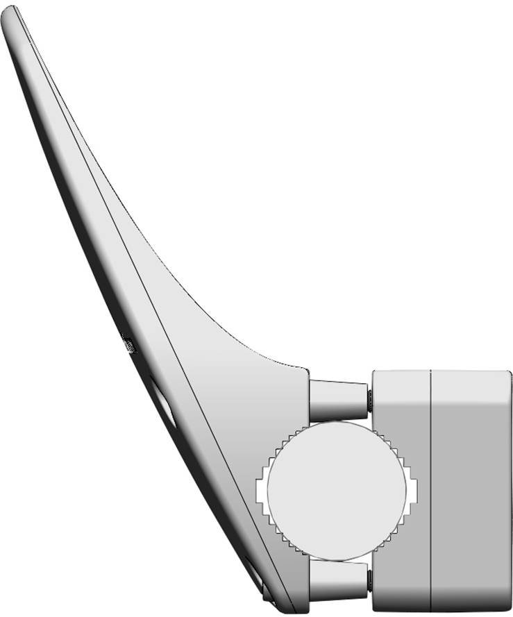 Seitenansicht eines mechanischen Geräts mit langer, gebogener Spitze und einem rechteckigen Teil verbunden durch ein rundes Gelenk.
