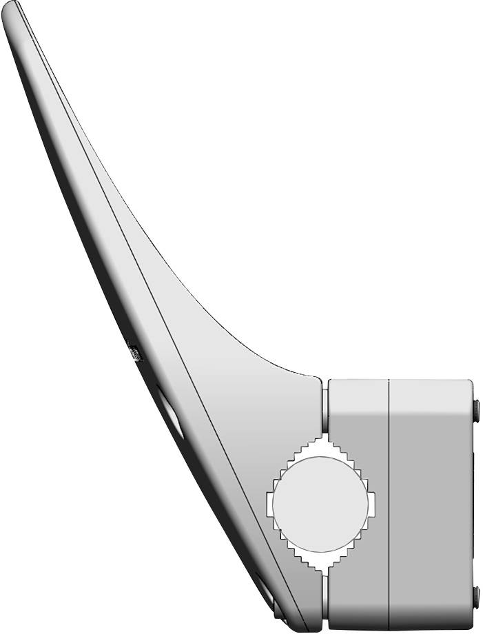 Seitenansicht eines grauen Prothesenfußes mit abgerundeten Ecken und einem gerippten Mechanismus für Beweglichkeit.