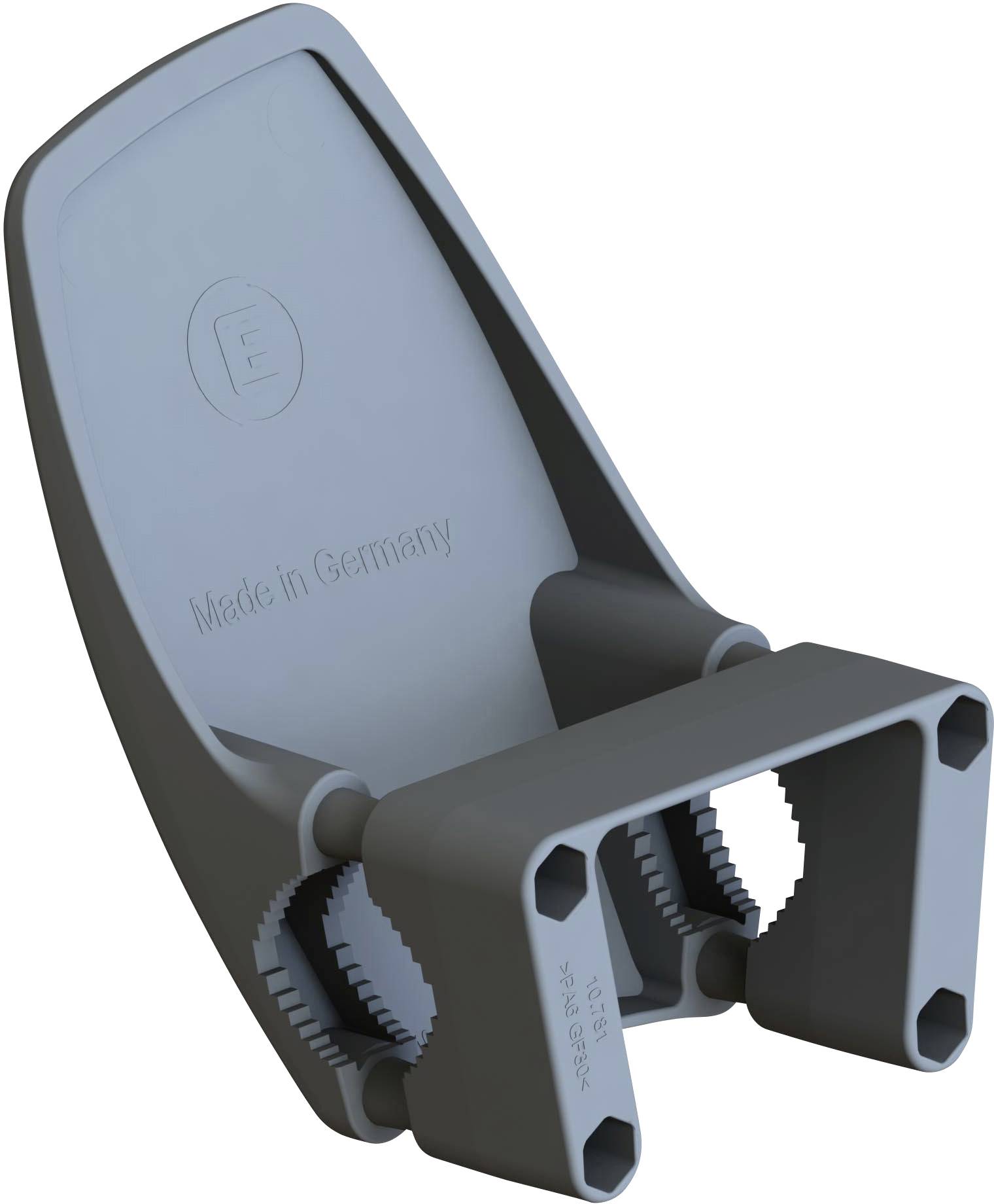 Graue, rechteckige Halterung aus Kunststoff mit zwei runden Öffnungen unten und Prägung 'Made in Germany'.