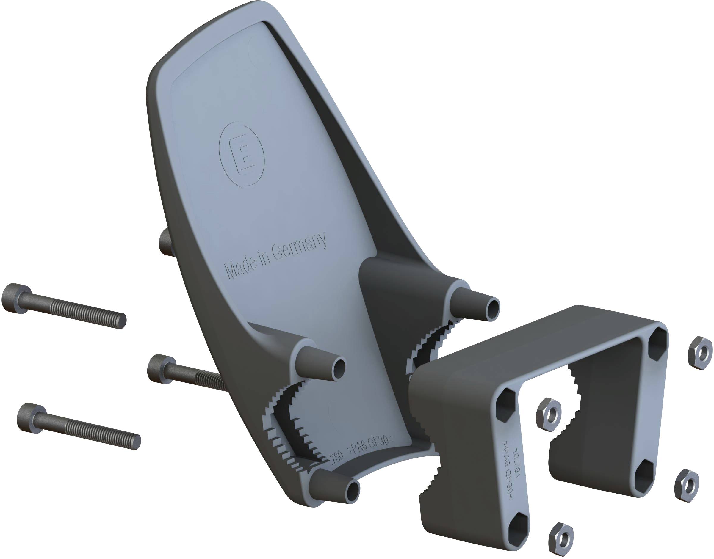 Baugruppe aus Metall: Hauptkörper mit Schrauben und Muttern zur Befestigung. Aufschrift 'Made in Germany'. komponenten für Montage.