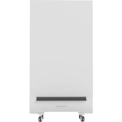 Weißes Magnetoplan-Whiteboard auf Rollen, rechteckig, mit Ablageleiste unten. Geeignet für Präsentationen oder Bürogebrauch.