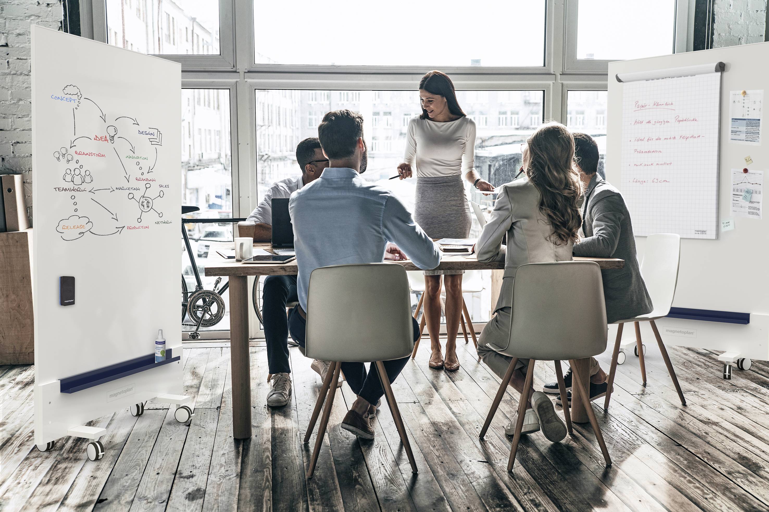 Gruppe von fünf Personen in einer Besprechung, mit einer Frau am Tischende, umgeben von Flipcharts mit Notizen und Diagrammen.
