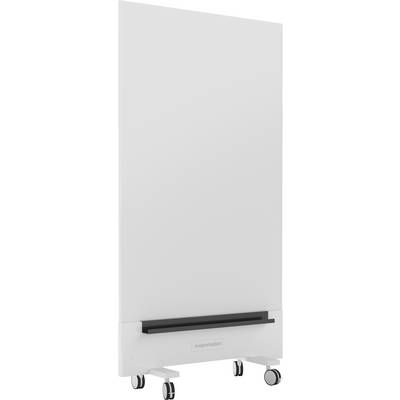 Tragbare weiße Tafel auf Rädern mit einem Ablagefach unten.