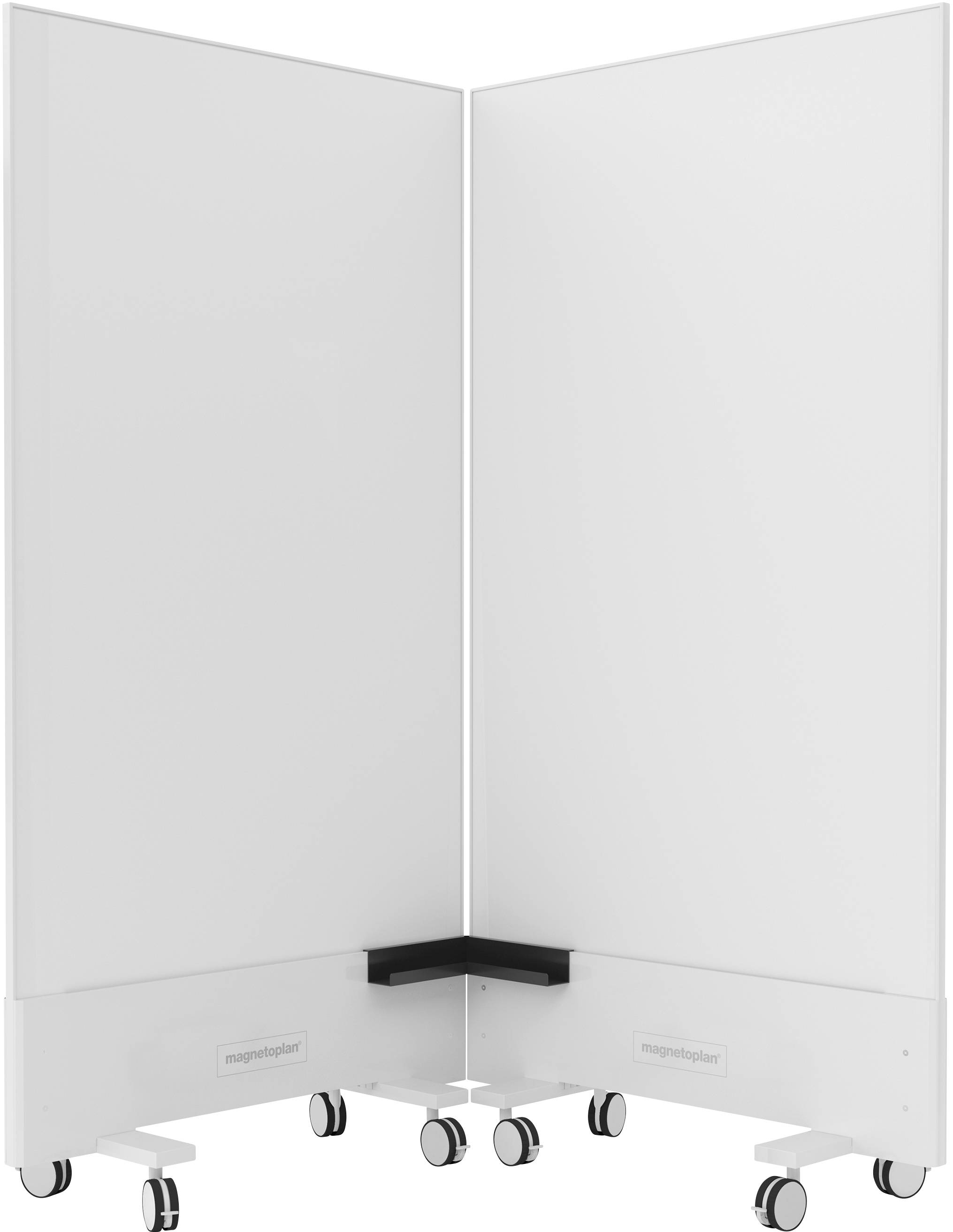 Ein klappbarer weißer Raumteiler mit Rollen, geeignet zum flexiblen Abtrennen oder Einteilen von Räumen in Büros oder Schulen.