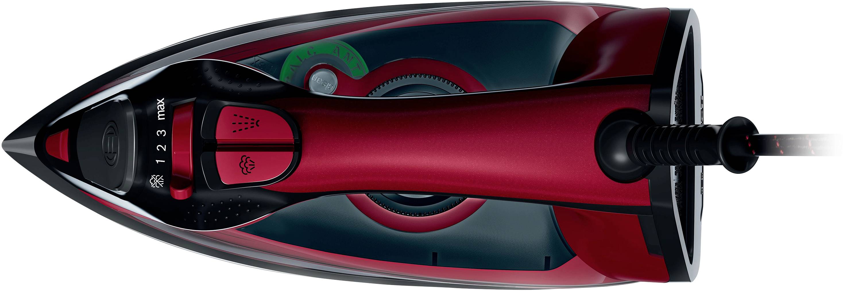 Ein rotes Dampfbügeleisen aus der Vogelperspektive. Deutlich sichtbar sind der Temperaturregler und die Dampfeinstellungen an der Oberseite.