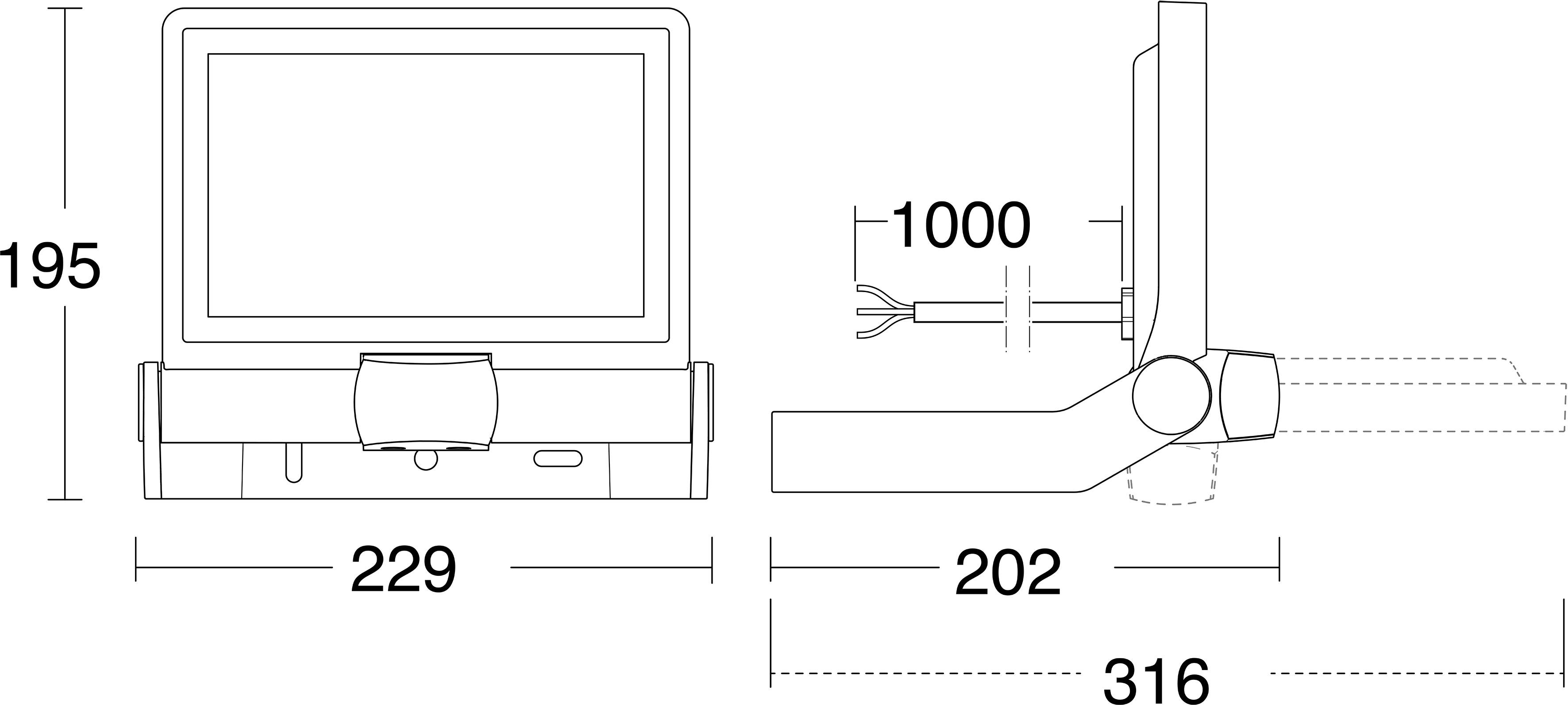 Technische Strichzeichnung eines Flachbildschirms auf einem Ständer mit den Abmessungen 229 mm Breite, 195 mm Höhe, 202 mm Tiefe und 1000 mm Kabellänge.