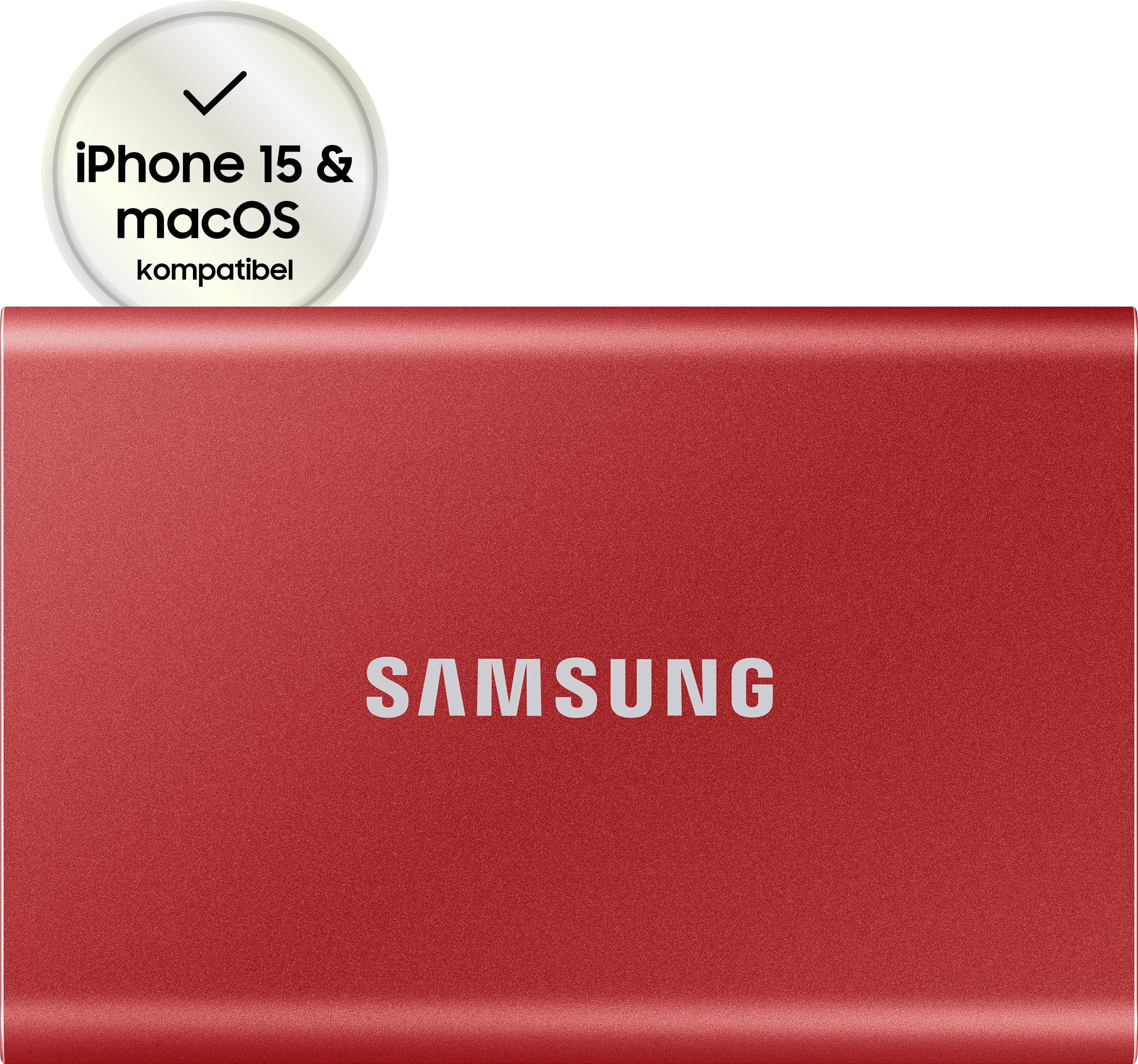 Rote Samsung-Festplatte mit Text oben: 'iPhone 15 & macOS kompatibel'.