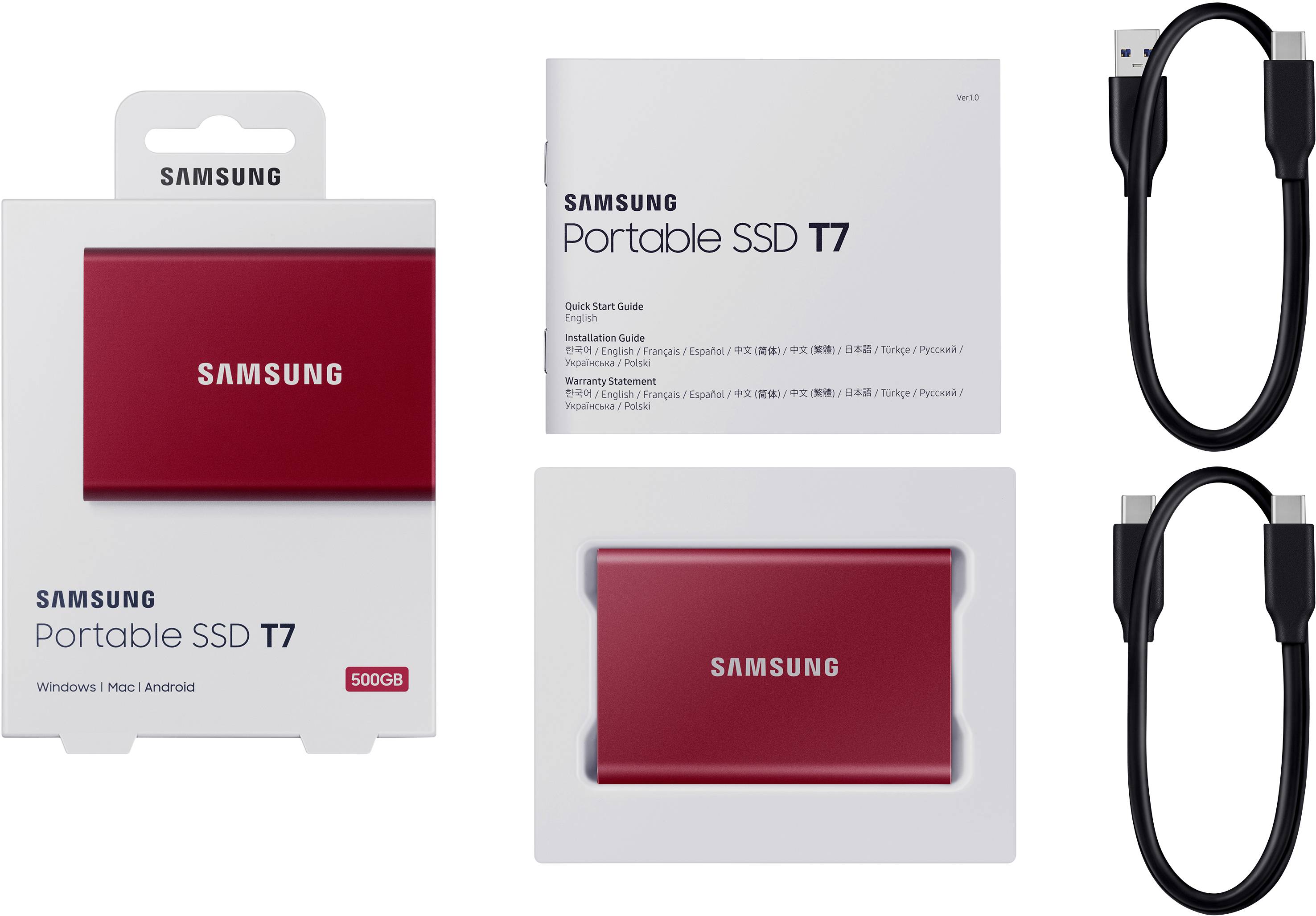 'Portable SSD T7' von Samsung in roter Farbe, 500GB Speicher. Verpackung, Anleitung und zwei USB-Kabel gezeigt. Kompatibel mit Windows, Mac und Android.