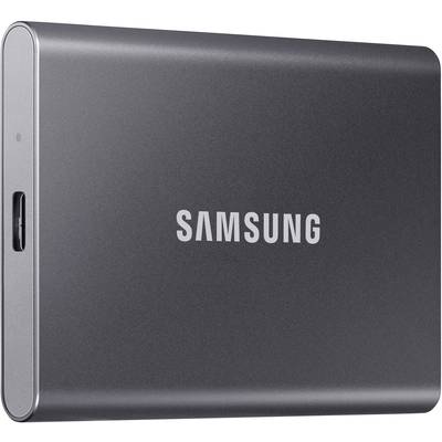 Externe SSD-Festplatte von Samsung, graues Gehäuse, mit USB-C-Anschluss an der Seite. Markenname 'SAMSUNG' auf der Vorderseite.