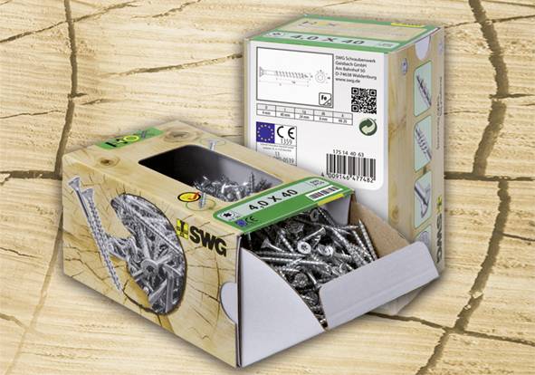 Eine Schachtel mit Schrauben ist geöffnet und zeigt den Inhalt. Die Packung rechts zeigt das Etikett '4,0 x 40'. Im Hintergrund Holzmuster.
