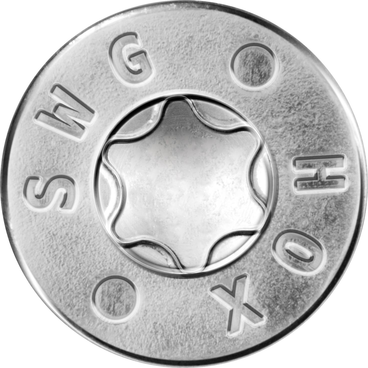 Ein silberfarbener, metallischer Knopf mit eingravierten Buchstaben und einem zentralen sternförmigen Element.