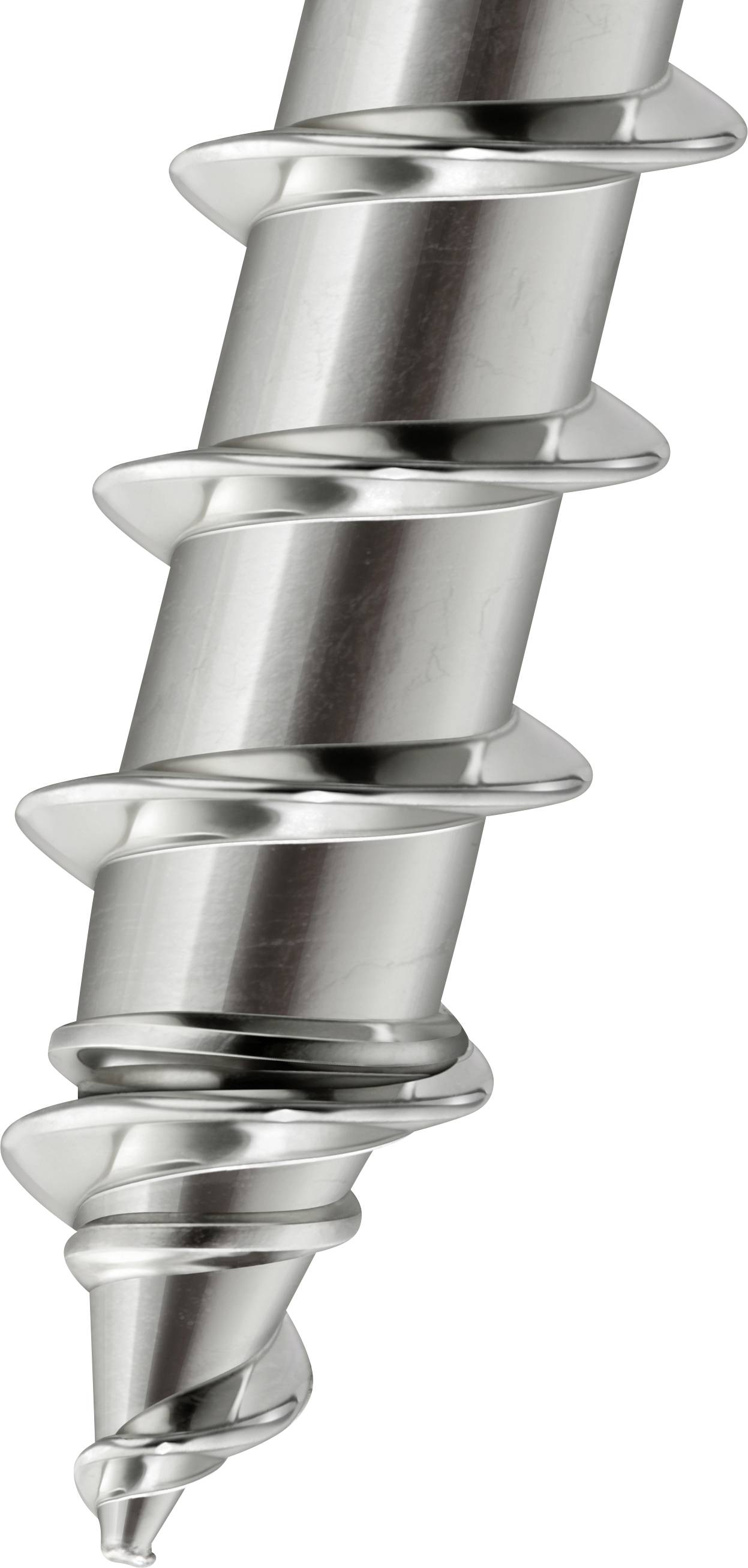 Stahlspirale mit glänzender Oberfläche, möglicherweise Teil einer Maschine oder eines Werkzeugs, dargestellt in Nahaufnahme.