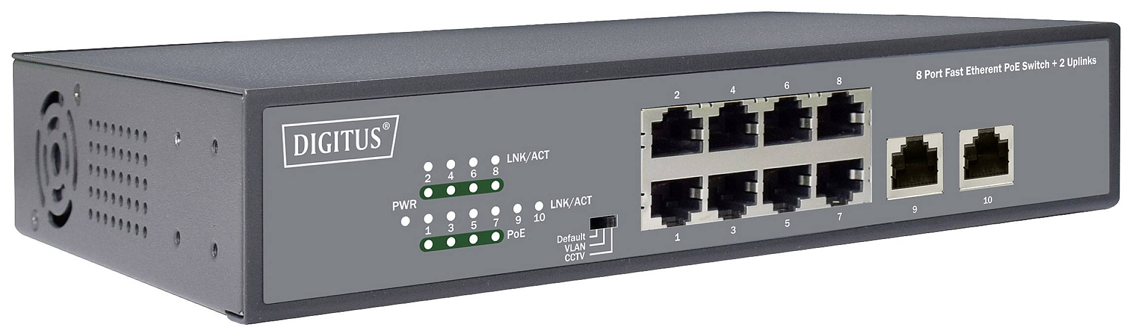DIGITUS - 8-Port Fast Ethernet PoE Netzwerkswitch, Desktop, unmanaged, 2 Uplink Ports RJ45,120 W, af/at-0