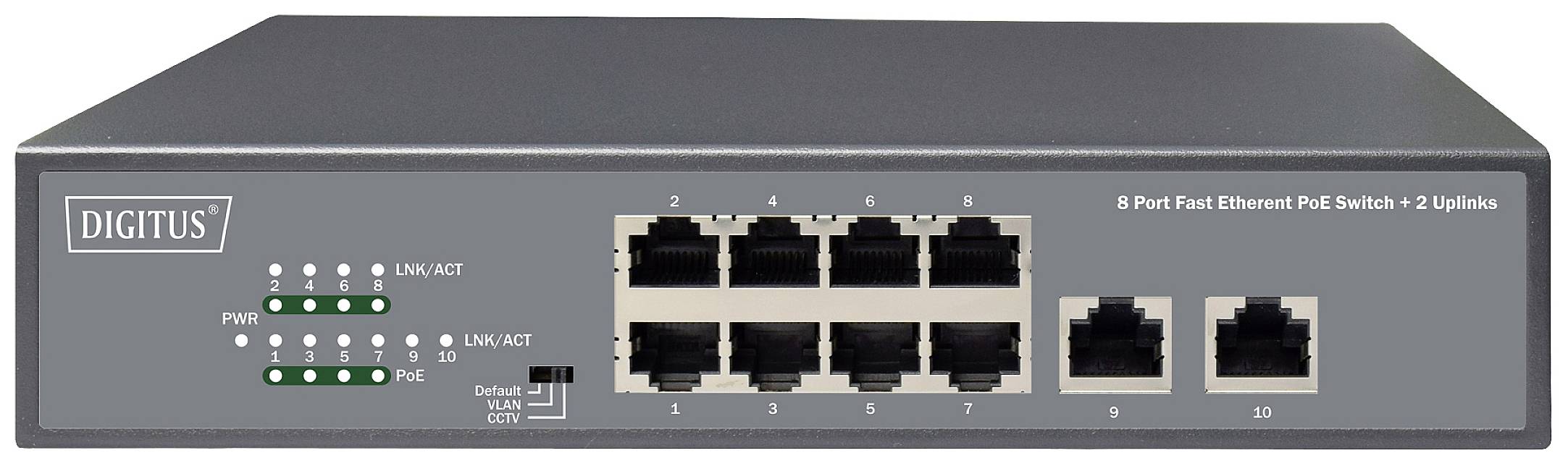 DIGITUS - 8-Port Fast Ethernet PoE Netzwerkswitch, Desktop, unmanaged, 2 Uplink Ports RJ45,120 W, af/at-1