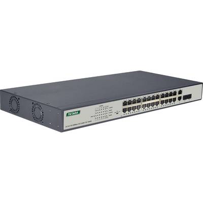 Ein Netzwerk-Switch mit 24 Ethernet-Ports und LED-Anzeigen für Status und Aktivität. Ventilatoren an der Seite zur Kühlung.