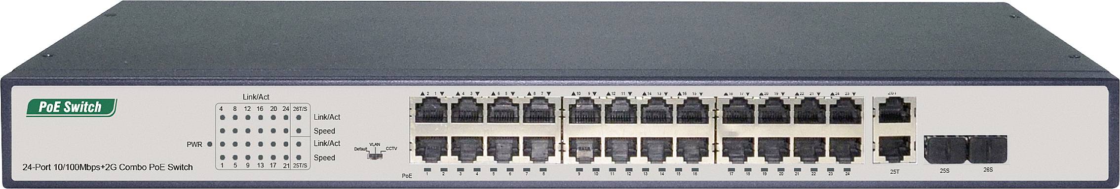 Ein 24-Port-Ethernet-Switch mit PoE-Funktion. Vorderseite zeigt Ports für Netzwerkverbindungen, Status-LEDs und PoE-Statusanzeigen.