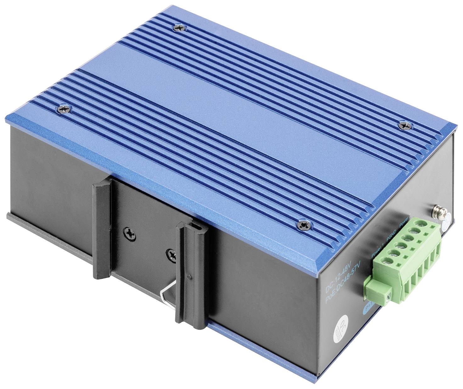 Ein rechteckiges blau-schwarzes elektronisches Gerät mit grünen Anschlussklemmen, vermutlich für industrielle oder technologische Anwendungen.