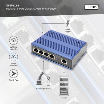'Industrieswitch DN-651118 mit 5 Ports. Funktionen: Blitzschutz, Überspannungsschutz, Stromversorgung.'